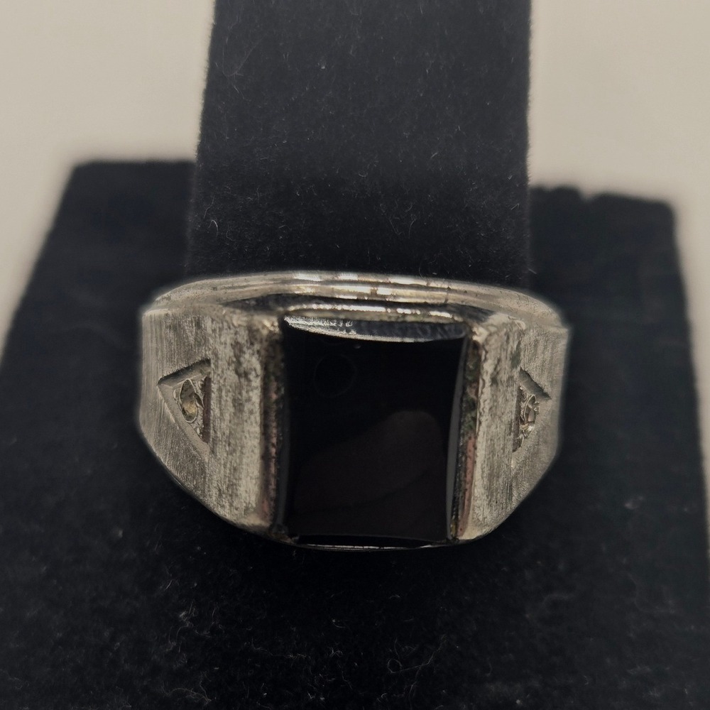 Vintage Espo Sterling Silver Black Onyx Signet Ring Mens Size 9 Textured Band